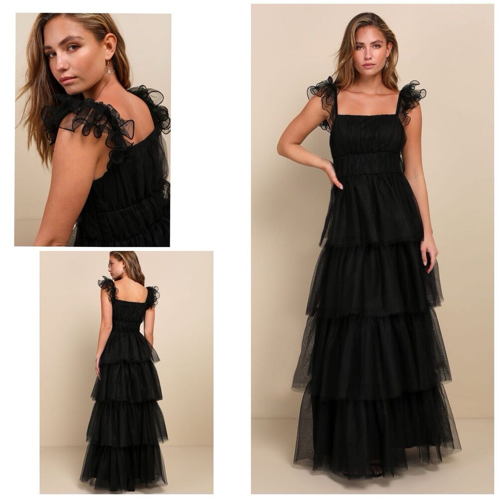 Lulus Tulle For Love Dress Black Maxi Mesh Tulle Tiered Ruffled Size XS NWOT